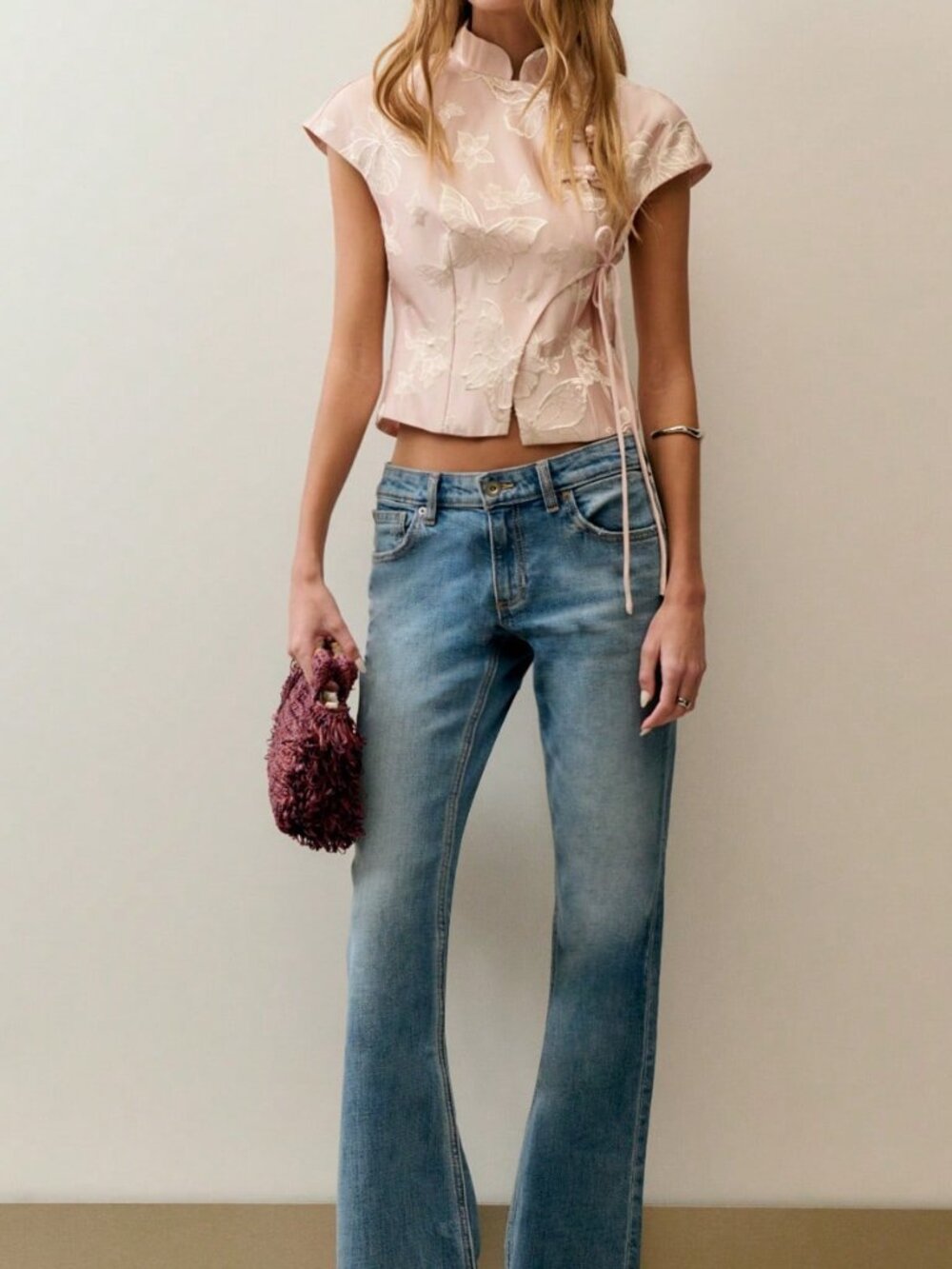 Apricot Casual Women's Chinese-Style Top with Frog Buttons and Stand Collar - Picture 6 of 6